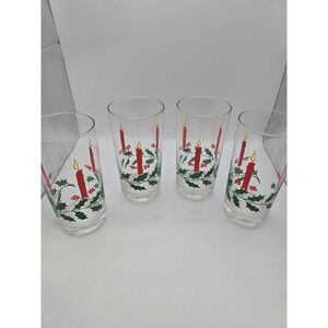 Vintage Christmas Tumbler Glasses Holly & Candle Print Holiday MCM Set Of 4